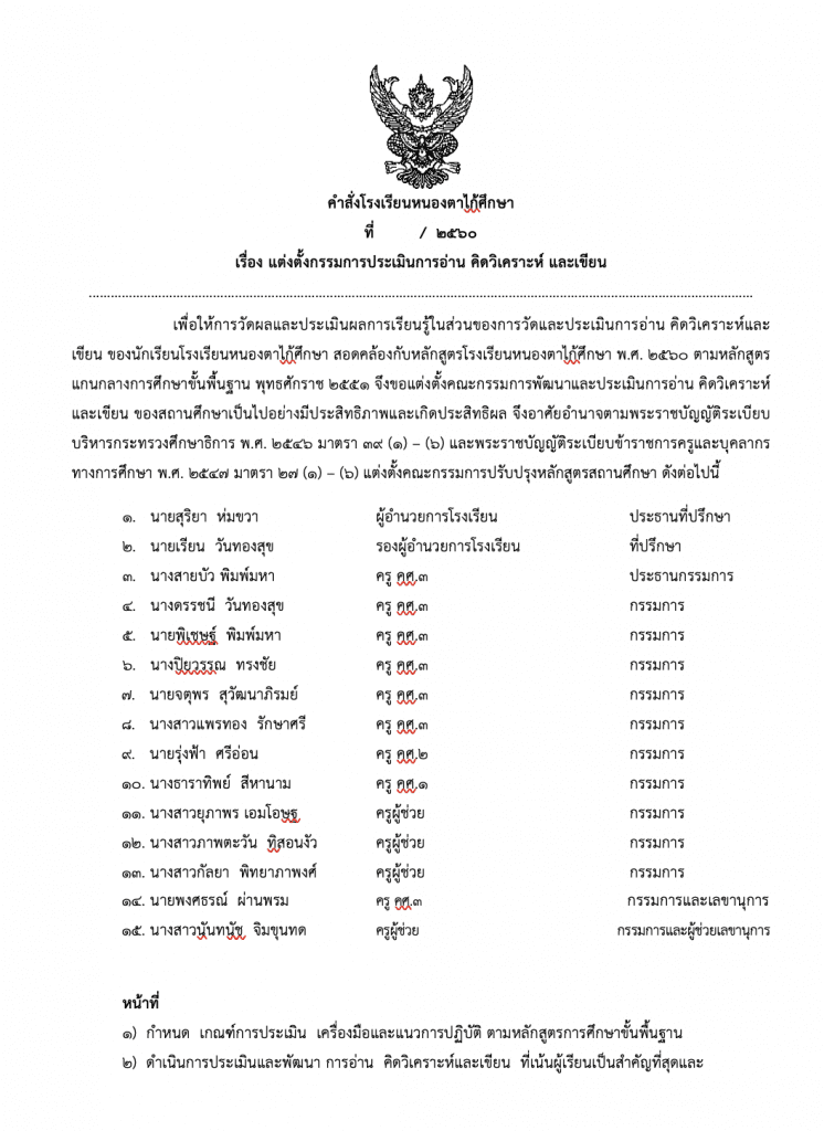 ตัวอย่างคำสั่งคณะกรรมการประเมินการอ่าน คิด วิเคราะห์ และการเขียน (ไฟล์ *.Doc)  แก้ไขได้ โดยเพจครูสายบัว - สื่อการสอนฟรี.Com